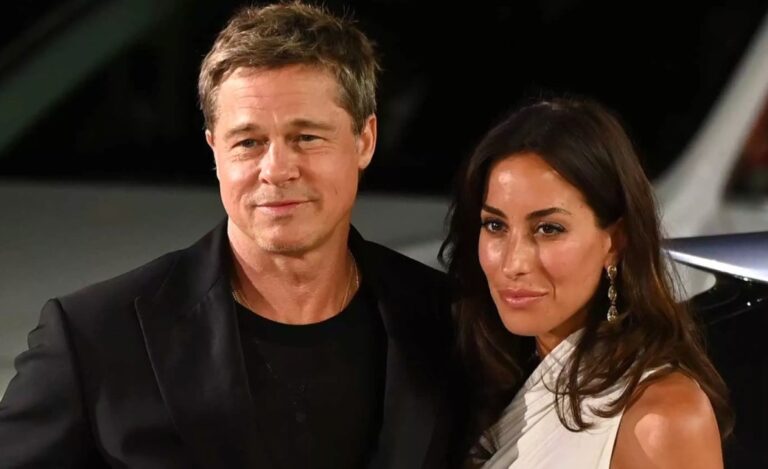 Brad Pitt’s partner appeared in a dress without a bra during a race in the UK.