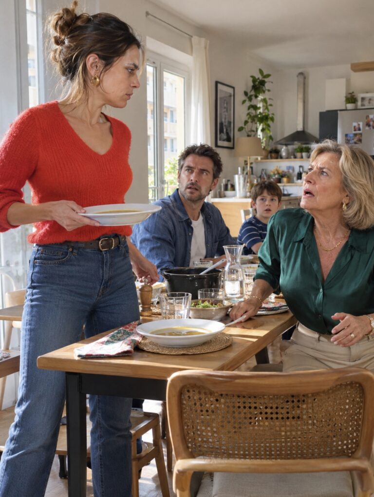 « Belle-fille incapable ! Tu n’arrives même pas à faire une soupe correctement ! » — ricana ma belle-mère. Je lui retirai son assiette : « Ne vous forcez pas. La faim soigne parfois très bien l’impolitesse. »